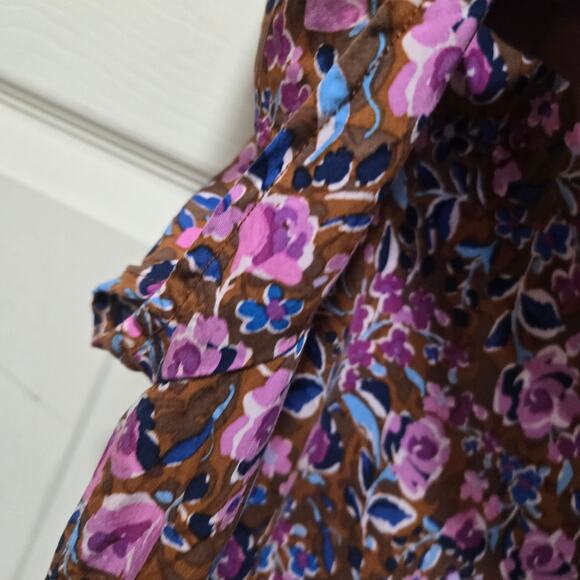 J.Crew Floral Tiered Midi Dress Size 10 Brown Pink Purple V-Neck - Picture 8 of 9